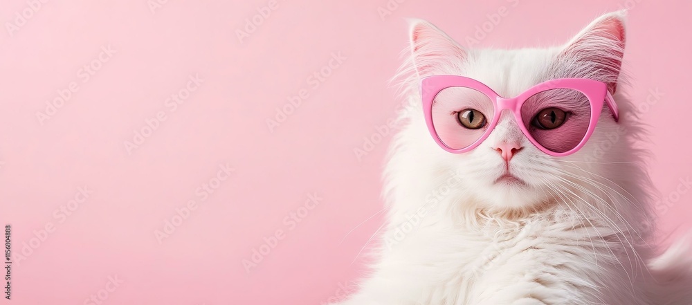 White cat in pink heart shaped glasses on pink background with place for text. White cat in pink heart shaped glasses on pink background with place for text.