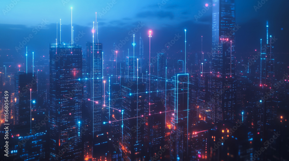 Smart digital Innovation city with connection network reciprocity over the cityscape. of future smart wireless city and social media networking systems that connects business people with in city Smart digital Innovation city with connection network reciprocity over the cityscape. of future smart wireless city and social media networking systems that connects business people with in city