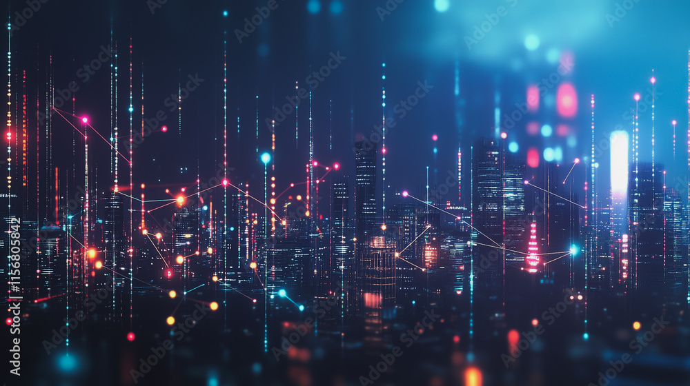 Fototapeta premium Smart digital Innovation city with connection network reciprocity over the cityscape. of future smart wireless city and social media networking systems that connects business people with in city
