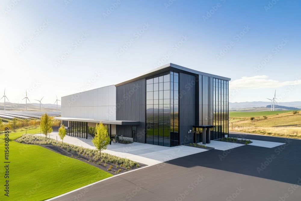 Obraz premium Modern Commercial Building Surrounded by Green Landscape and Wind Turbines Under Clear Sky, Capturing Innovative Architecture and Eco-Friendly Design Elements