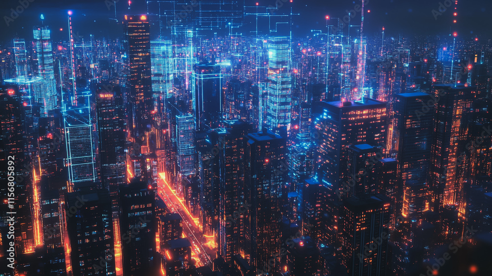 Fototapeta premium Smart digital Innovation city with connection network reciprocity over the cityscape. of future smart wireless city and social media networking systems that connects business people with in city