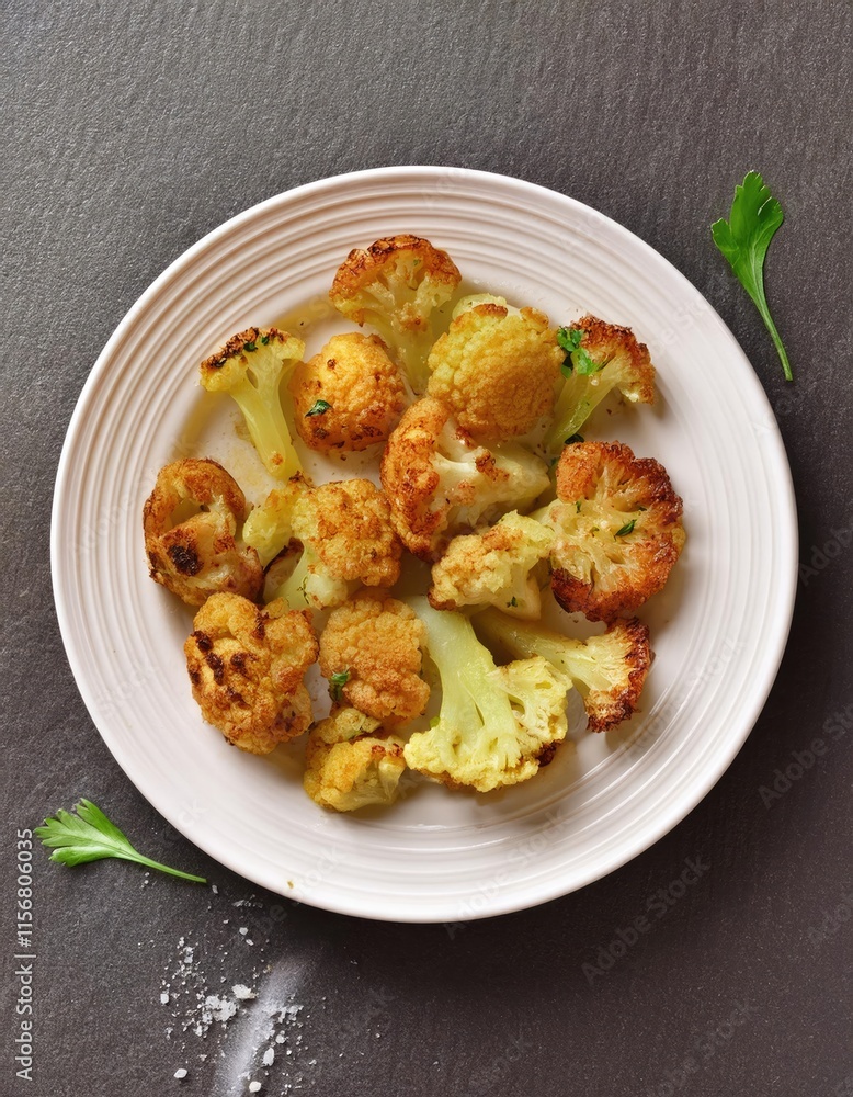 fried cauliflower florets on white plate, top view fried cauliflower florets on white plate, top view