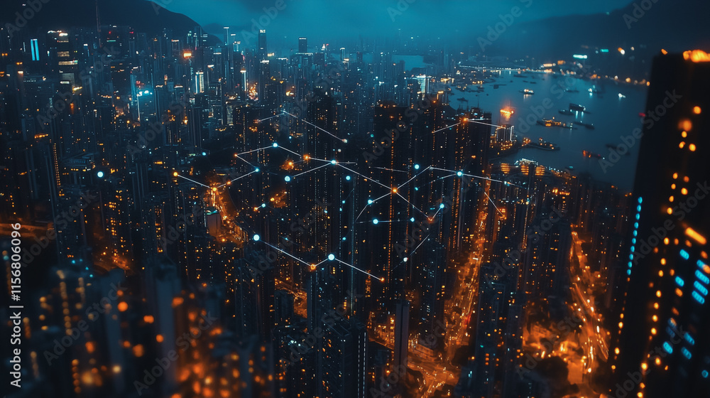Obraz premium Smart digital Innovation city with connection network reciprocity over the cityscape. of future smart wireless city and social media networking systems that connects business people with in city