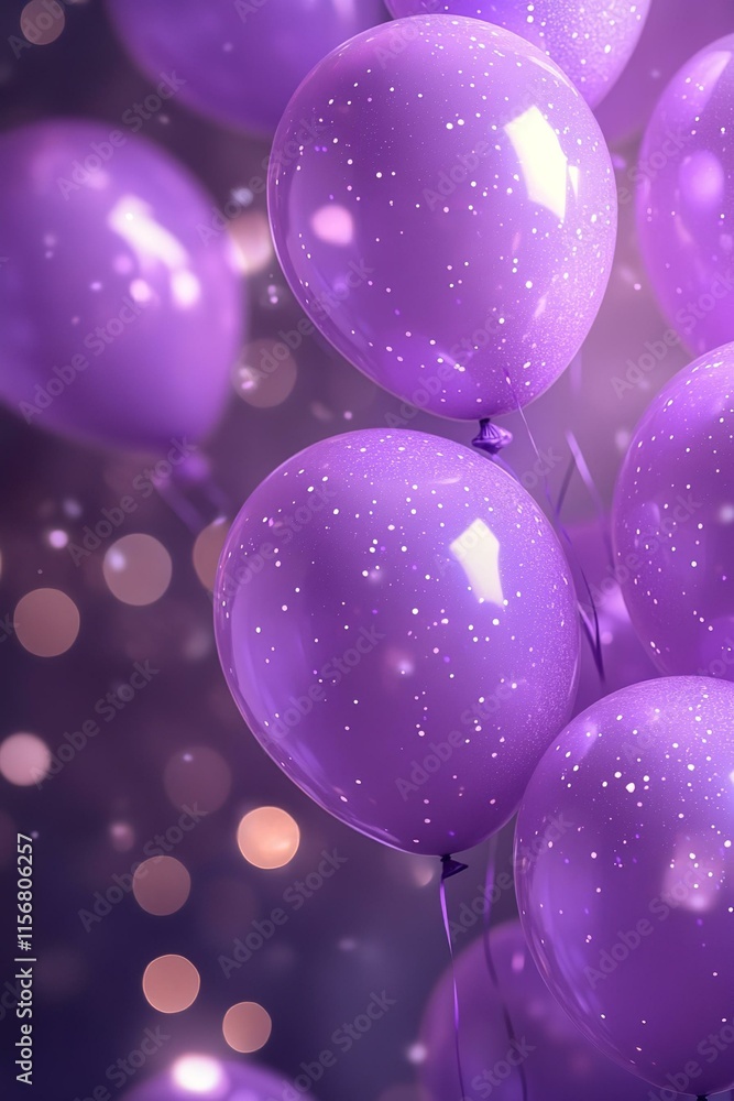 Purple balloon birthday background with free space on the paper banner and blurred lighting glitters. Birthday background with purple balloons. Purple balloon birthday background with free space on the paper banner and blurred lighting glitters. Birthday background with purple balloons.