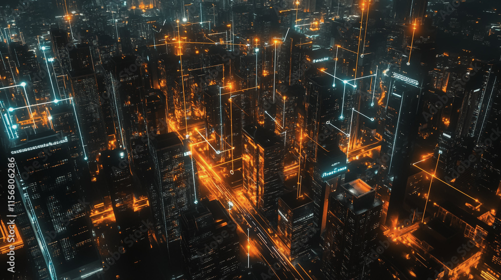 Naklejka premium Smart digital Innovation city with connection network reciprocity over the cityscape. of future smart wireless city and social media networking systems that connects business people with in city