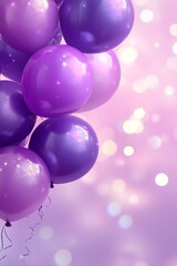 Purple balloon birthday background with free space on the paper banner and blurred lighting glitters. Birthday background with purple balloons.