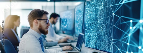 Professional team of data analysts working on advanced computer systems with glowing network visuals, focused on technology and innovation in a modern office environment photo