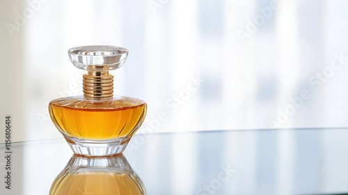 Elegant perfume bottle displayed on glass surface minimalist style photo