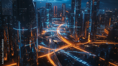 Smart digital Innovation city with connection network reciprocity over the cityscape. of future smart wireless city and social media networking systems that connects business people with in city