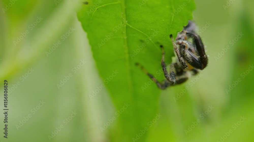A handheld steady macro shot of an upside down spider crawling, going and hiding behind a green leaf A handheld steady macro shot of an upside down spider crawling, going and hiding behind a green leaf