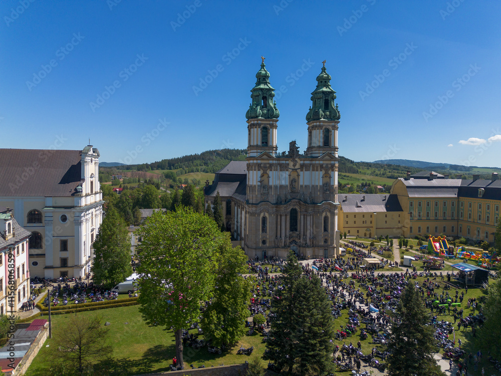 Krzeszow Abbey Poland. Basilica, drone view Krzeszow Abbey Poland. Basilica, drone view