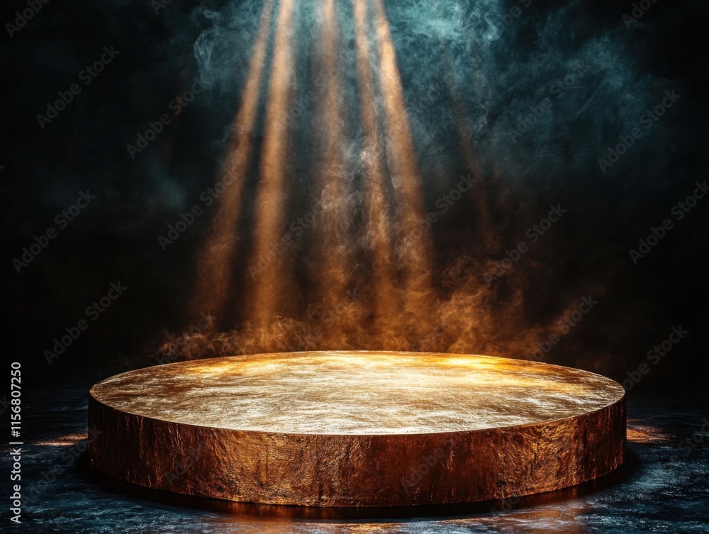 A gold podium is illuminated by dramatic lighting, surrounded by dark smoke, creating a mysterious and luxurious atmosphere. A gold podium is illuminated by dramatic lighting, surrounded by dark smoke, creating a mysterious and luxurious atmosphere.
