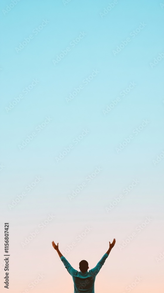 Silhouette Serenity Person Raising Arms Under Twilight Sky Silhouette Serenity Person Raising Arms Under Twilight Sky
