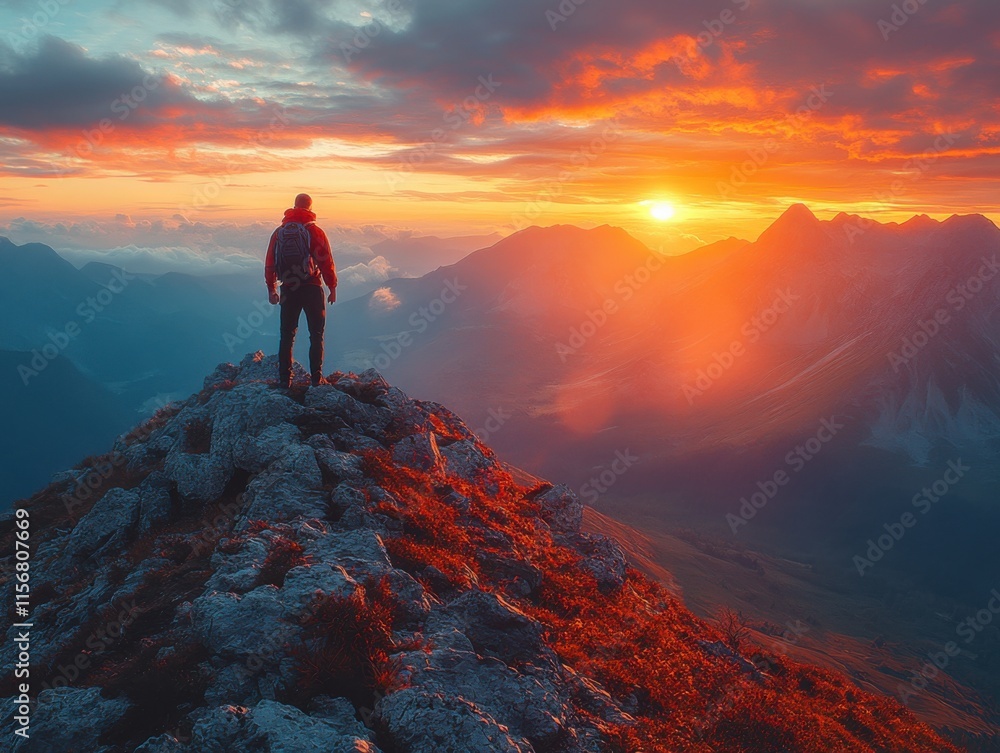 Fototapeta premium A person stands atop a mountain, gazing at a breathtaking sunset. The sky is ablaze with orange and red hues, casting a warm glow over the rugged landscape.