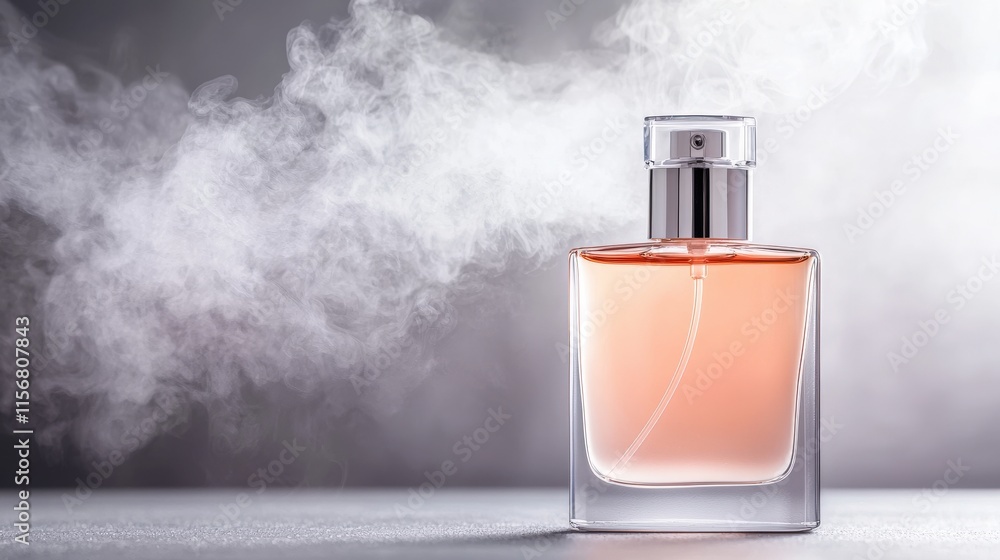Elegant perfume bottle with mist on a textured background. Elegant perfume bottle with mist on a textured background.