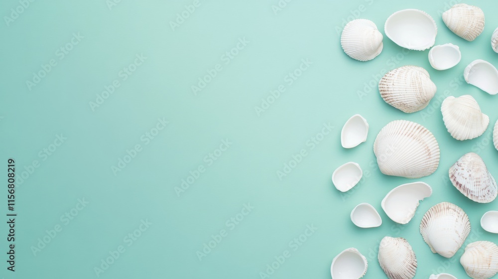 Delicate Seashell Arrangement on Aqua Background Coastal Minimalism in Stock Delicate Seashell Arrangement on Aqua Background Coastal Minimalism in Stock