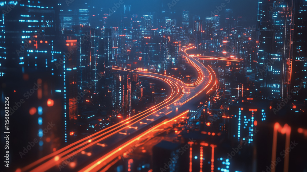 Fototapeta premium Smart digital Innovation city with connection network reciprocity over the cityscape. of future smart wireless city and social media networking systems that connects business people with in city