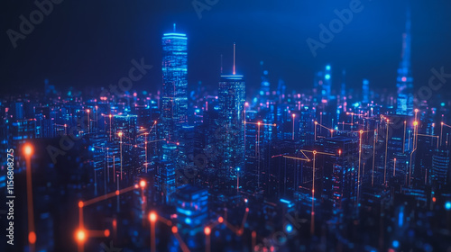 Smart digital Innovation city with connection network reciprocity over the cityscape. of future smart wireless city and social media networking systems that connects business people with in city