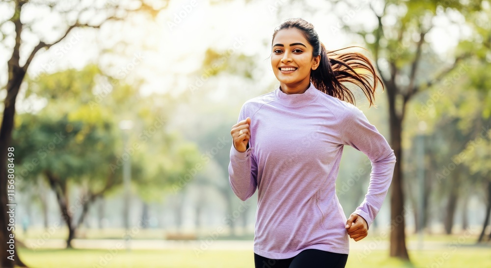 Healthy lifestyle and fitness concept with young hispanic female jogging outdoors in park