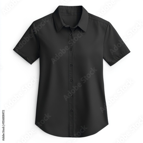 Elegant Black Womens Short Sleeve Button Down Shirt, Classic Professional Apparel for Women