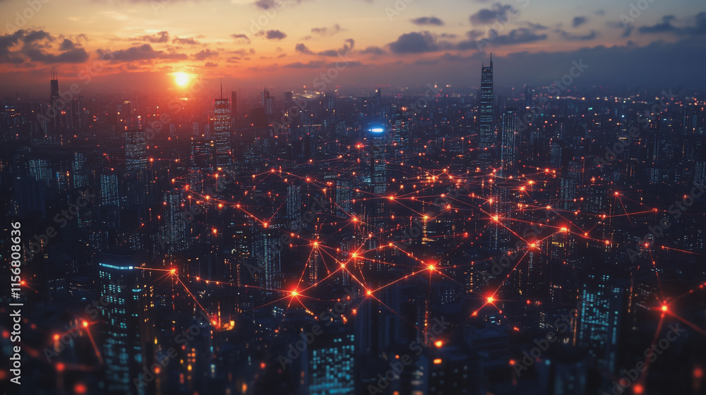 Obraz premium Smart digital Innovation city with connection network reciprocity over the cityscape. of future smart wireless city and social media networking systems that connects business people with in city