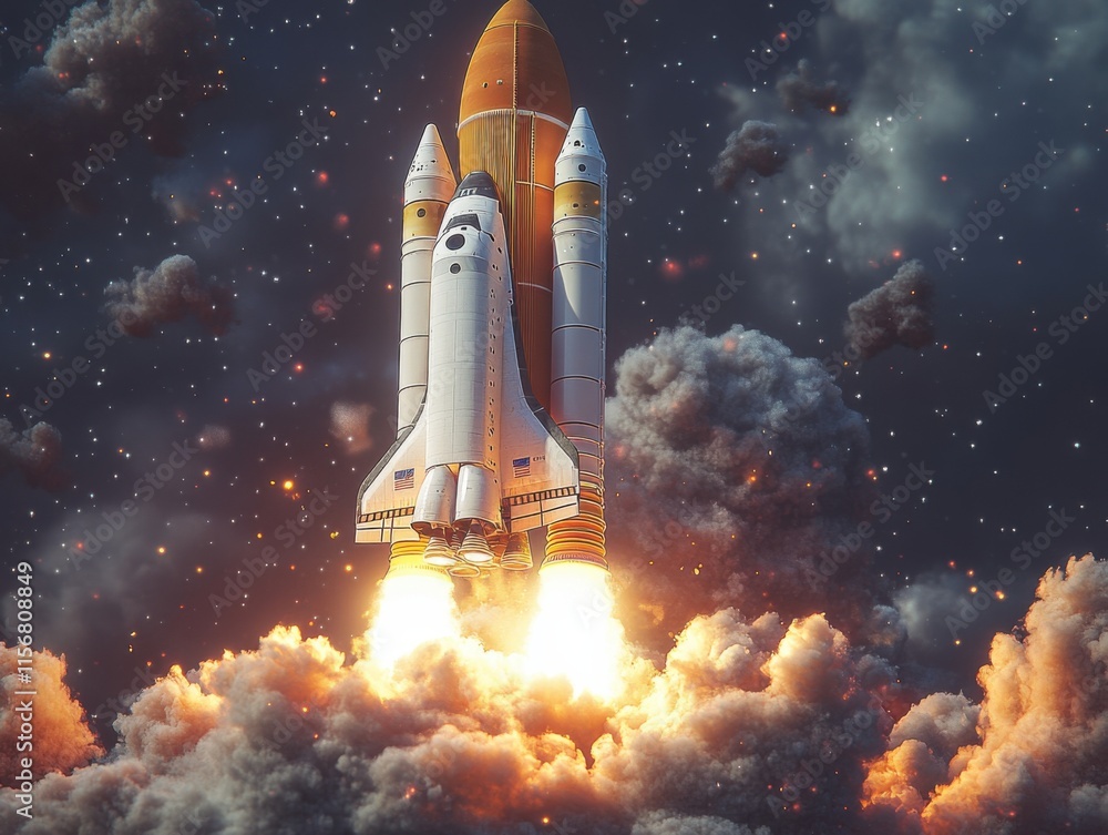 Obraz premium A powerful space rocket launches from a laptop screen, blending digital innovation with aerospace exploration in a dramatic, cinematic scene.