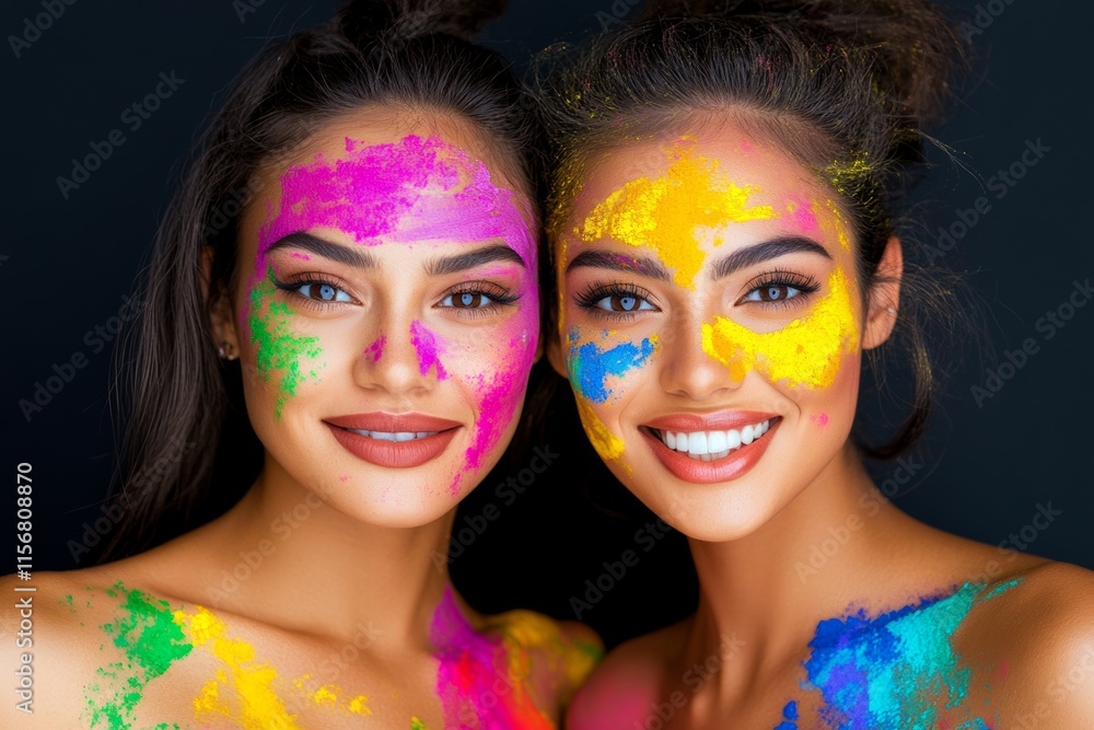 Obraz premium Two women with colorful face paint and smiling. Scene is cheerful and fun. The idea behind the image is to showcase the beauty of colorful face paint and the joy it brings to people