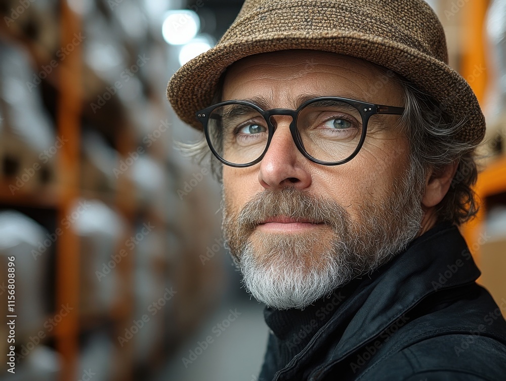A middle-aged man with glasses and a straw hat stands in a warehouse. He appears thoughtful, surrounded by shelves stocked with items. A middle-aged man with glasses and a straw hat stands in a warehouse. He appears thoughtful, surrounded by shelves stocked with items.