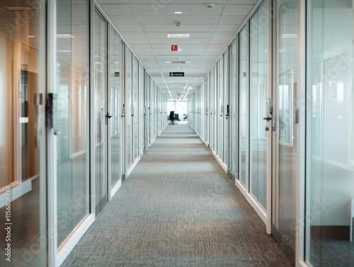 A modern office corridor with glass walls on both sides, leading to a brightly lit area. The design is sleek and professional.