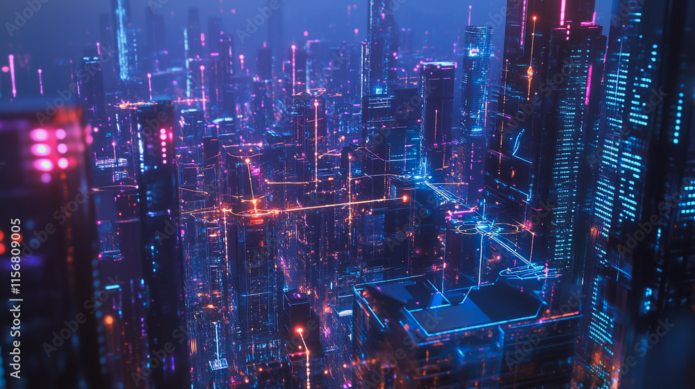 Fototapeta premium Smart digital Innovation city with connection network reciprocity over the cityscape. of future smart wireless city and social media networking systems that connects business people with in city