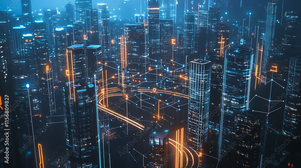 Smart digital Innovation city with connection network reciprocity over the cityscape. of future smart wireless city and social media networking systems that connects business people with in city Smart digital Innovation city with connection network reciprocity over the cityscape. of future smart wireless city and social media networking systems that connects business people with in city