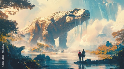 Fototapeta Naklejka Na Ścianę i Meble -  Ancient Stone Dinosaur by Waterfall: A Fantasy Landscape