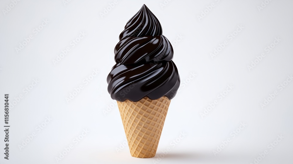Chocolate ice cream cone is sitting on a white background. The cone is made of ice and has a chocolate swirl on top. Concept of indulgence and pleasure Chocolate ice cream cone is sitting on a white background. The cone is made of ice and has a chocolate swirl on top. Concept of indulgence and pleasure