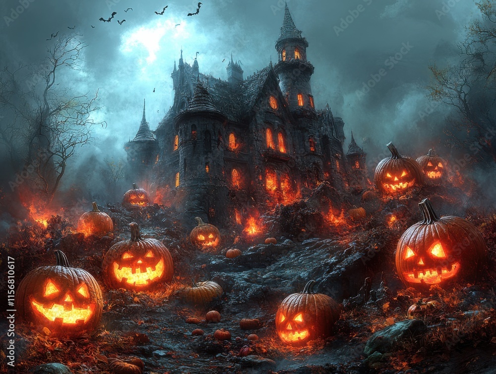 A spooky Halloween scene featuring glowing pumpkins and a haunted castle under a gloomy sky with flying bats. The atmosphere is eerie and mysterious. A spooky Halloween scene featuring glowing pumpkins and a haunted castle under a gloomy sky with flying bats. The atmosphere is eerie and mysterious.