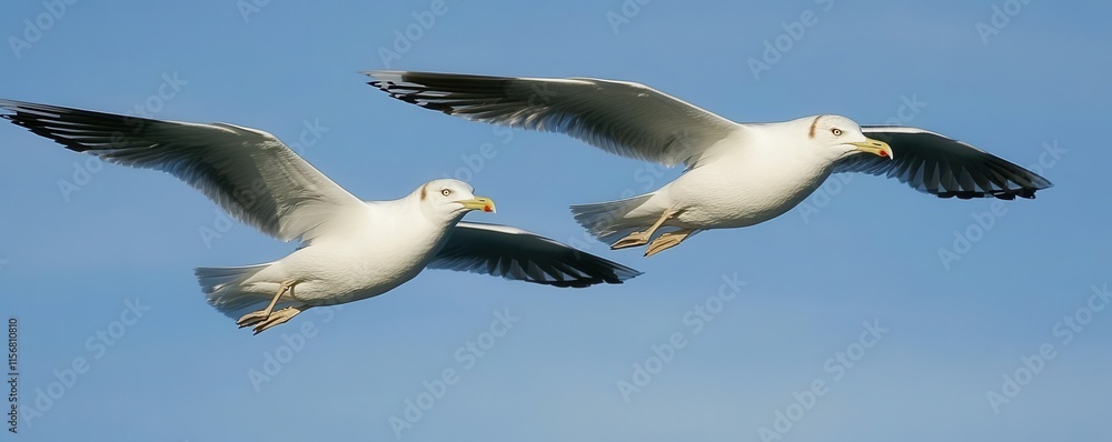 Obraz premium Pair of seagulls flying in the blue sky