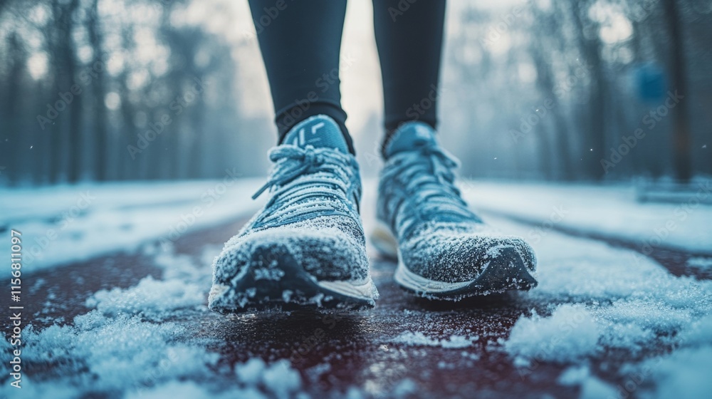 Frosty Athletic Shoes on Snow-Covered Track Winter Focus and Determination Frosty Athletic Shoes on Snow-Covered Track Winter Focus and Determination