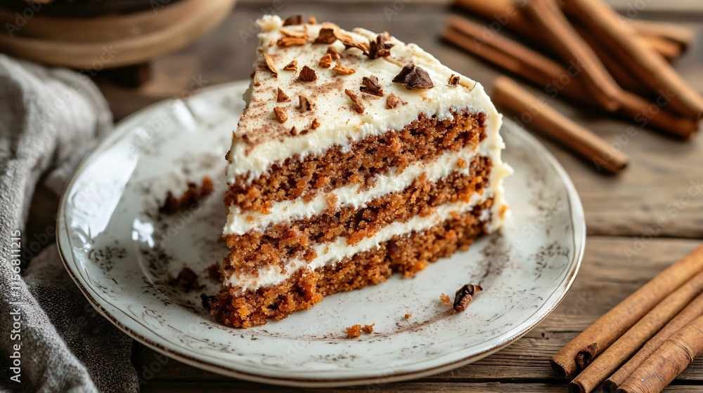 Isolated shot of a carrot cake slice on a vintage porcelain plate, with a rustic linen napkin and cinnamon sticks Isolated shot of a carrot cake slice on a vintage porcelain plate, with a rustic linen napkin and cinnamon sticks