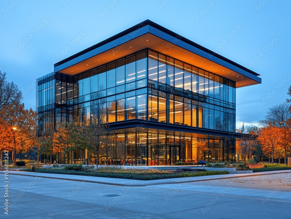 A modern eco-friendly glass office building exudes sustainability and innovation, surrounded by autumn trees, glowing warmly in an urban setting. A modern eco-friendly glass office building exudes sustainability and innovation, surrounded by autumn trees, glowing warmly in an urban setting.