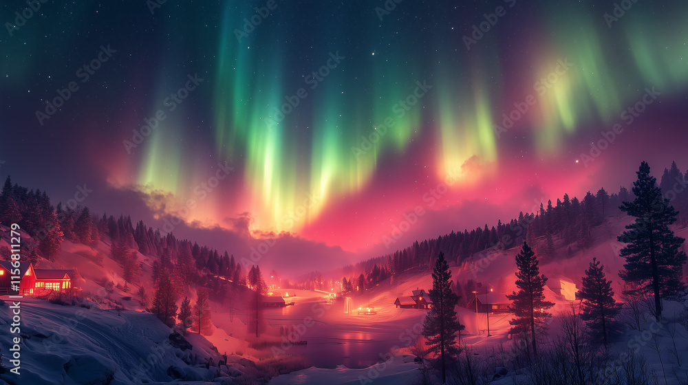 Aurora borealis on Northern Europe. Green and blue northern lights above mountains and lake night landscape Aurora borealis on Northern Europe. Green and blue northern lights above mountains and lake night landscape