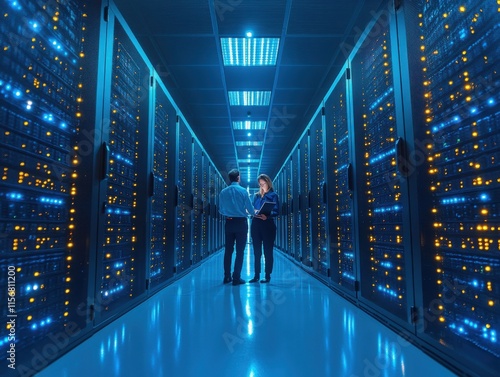 Two IT engineers stand in a high-tech data center, discussing network operations surrounded by illuminated server racks.