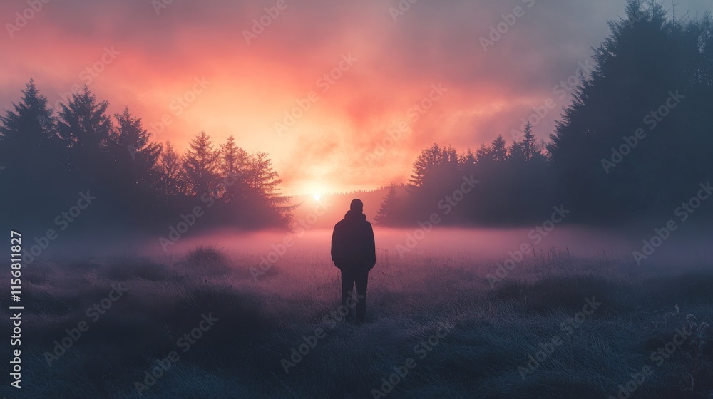 Solitude at Sunrise: A Man Silhouetted Against a Misty Dawn Solitude at Sunrise: A Man Silhouetted Against a Misty Dawn