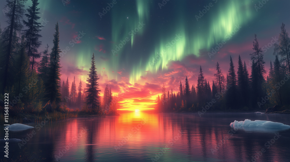 Aurora borealis on Northern Europe. Green and blue northern lights above mountains and lake night landscape Aurora borealis on Northern Europe. Green and blue northern lights above mountains and lake night landscape