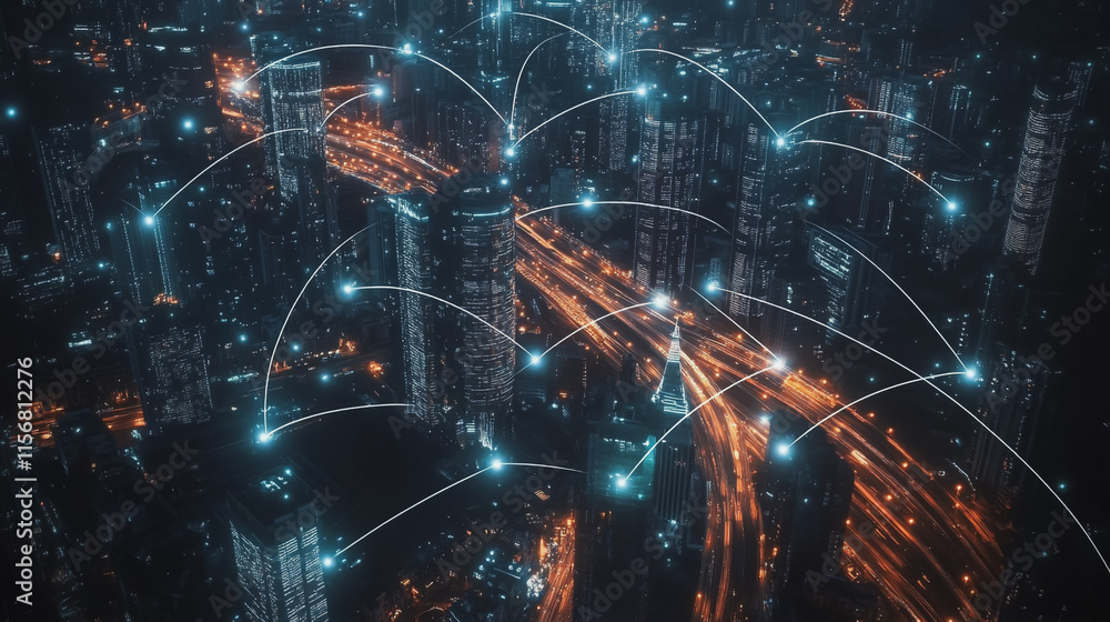 Smart digital Innovation city with connection network reciprocity over the cityscape. of future smart wireless city and social media networking systems that connects business people with in city Smart digital Innovation city with connection network reciprocity over the cityscape. of future smart wireless city and social media networking systems that connects business people with in city