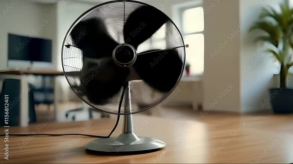 A smooth dolly-in shot of a mechanical fan slowly rotating in a brightly lit modern office A smooth dolly-in shot of a mechanical fan slowly rotating in a brightly lit modern office