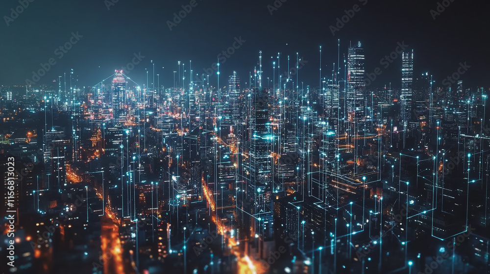 Fototapeta premium Smart digital Innovation city with connection network reciprocity over the cityscape. of future smart wireless city and social media networking systems that connects business people with in city