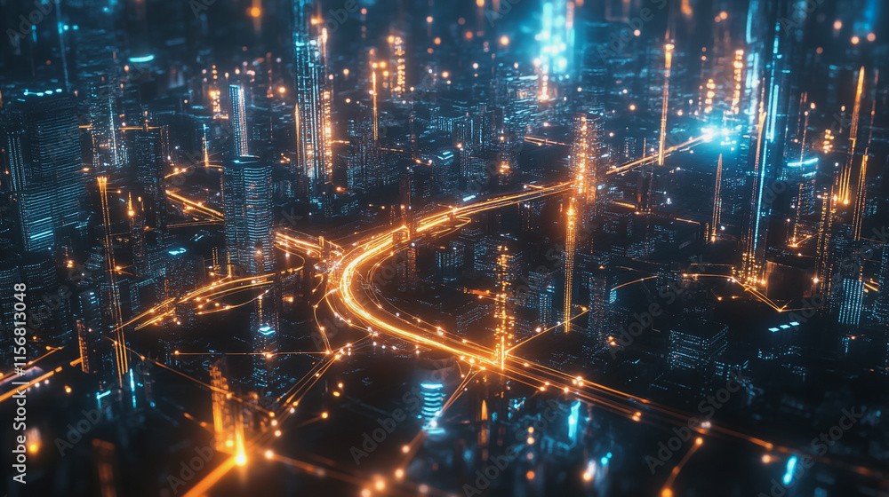 Smart digital Innovation city with connection network reciprocity over the cityscape. of future smart wireless city and social media networking systems that connects business people with in city