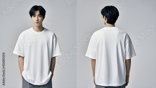 Young man in blank oversize t-shirt mockup front and back used as design template, isolated on white background with clipping path.