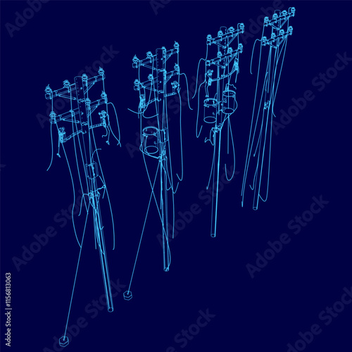 Blue image of four power lines. The lines are drawn in a stylized way, giving the impression of a 3D model. Concept of technology and modernity, as well as a feeling of power