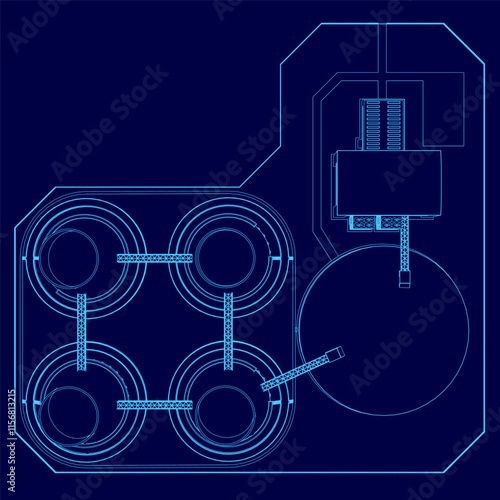 Blue drawing of a building with four tanks and a large tank in the middle. The tanks are connected by pipes