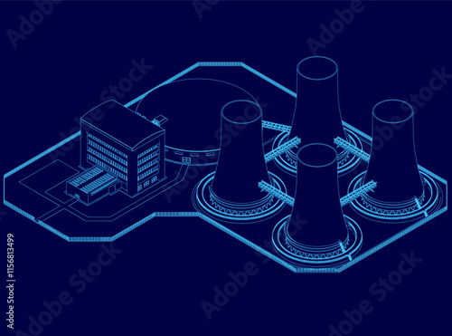 Blue drawing of a city with a large building and four tall towers. The drawing is in blue and has a futuristic feel to it
